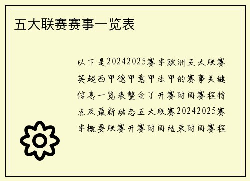 五大联赛赛事一览表